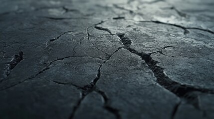 Close-up of a cracked, dark textured surface showcasing intricate patterns and shadows.