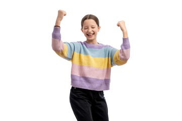 Fototapeta premium A young girl with a joyful expression, wearing a colorful striped sweater, celebrating with raised fists.