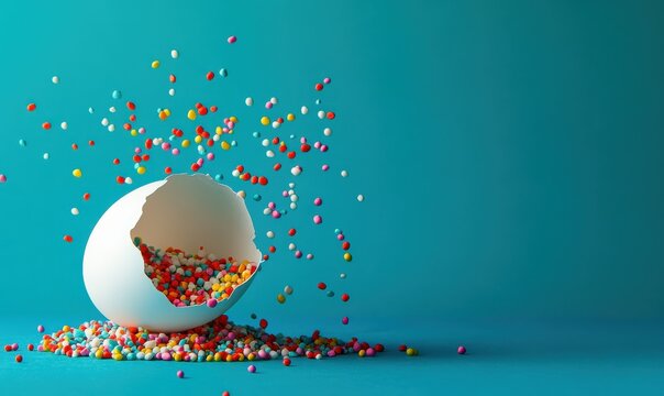 A white eggshell, cracked open, spills colorful candy sprinkles against a bright turquoise background, setting a playful and whimsical tone for creative projects