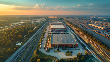 Fototapeta premium Warehouse complex with rail lines and shipping containers during golden hour in a sprawling industrial area