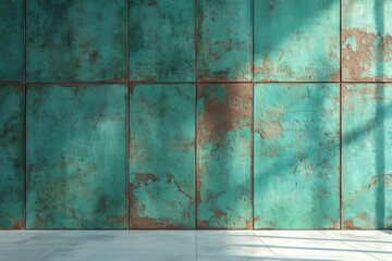 A concrete-textured background with a low-contrast, saturated pastel warm gray-green color is complemented by an empty and colorful wall texture, providing ample space for text overlays and mockups,