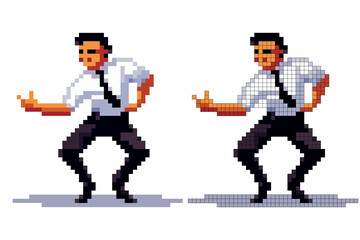 A man showcases a lively dance in retro pixel art style, donning a white shirt and black tie. His energetic posture and facial expression convey fun and enthusiasm