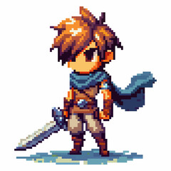 A young hero in colorful pixel art, wielding a sword, stands poised for action in a dynamic fantasy environment. The character radiates determination and bravery