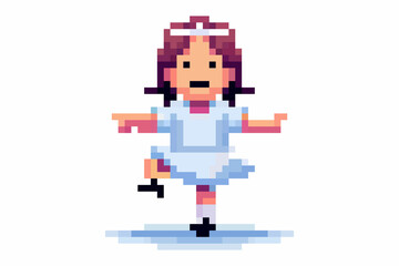Fototapeta premium A young girl joyfully dances on one foot, wearing a charming blue dress and a white hair ribbon. The pixel art style captures a playful and vibrant atmosphere