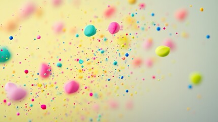 Colorful floating dots and shapes create a vibrant abstract pattern, evoking a sense of joy and creativity.