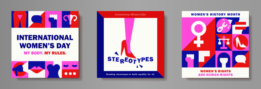 Set of modern feminist square posters, cards for International Women's Day with human rights geometric icons, personal boundaries signs, equality symbols in red, pink, blue, white. Bold Minimalism art
