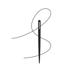 A sewing needle with thread forming an S shape threaded through the eye of the needle in silhouette vector