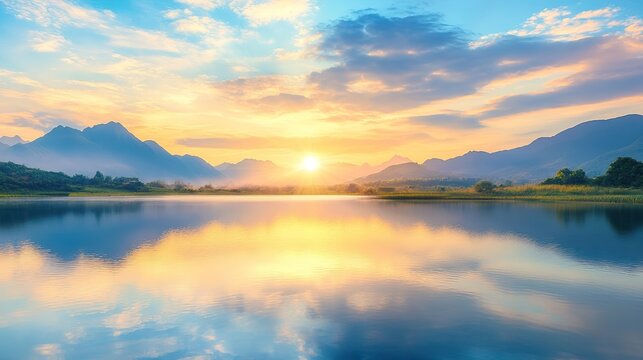 Tranquil lake with reflections at sunset.