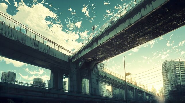 Urban architecture with a rail bridge crossing the city.