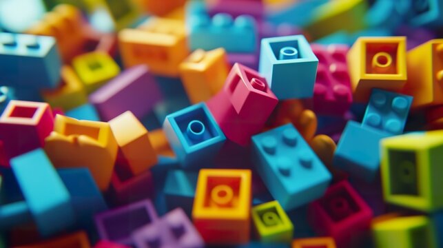 Vibrant colored block toy pieces scattered on a surface.