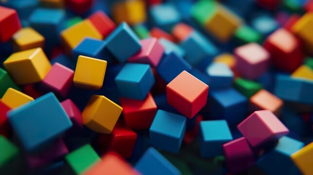 Vibrant colored block toy pieces scattered on a surface.