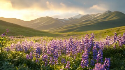 Wild lupine flowers scattered among rolling hills.