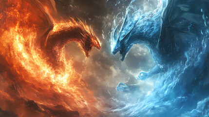 Fiery dragon and icy behemoth clash in elemental maelstrom of cosmic proportions. Fire and Ice Colossi. Illustration