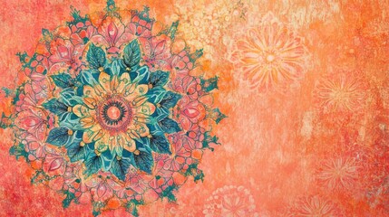 A vibrant mandala design featuring intricate floral patterns in teal and gold against a warm orange background, radiating tranquility and creativity.