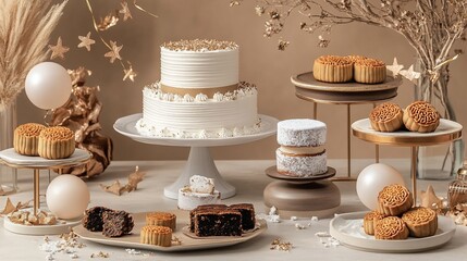 Naklejka premium Elegant mooncakes, cake, and pastries on display for a festive occasion.