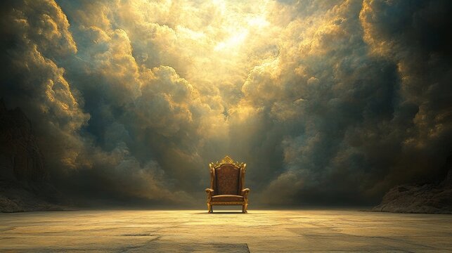 In a biblical scene representing Christian religion concepts, the second coming of Jesus Christ is animated with a majestic golden throne of god in heaven, surrounded by white clouds and radiant