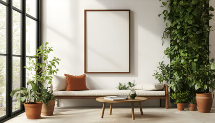 Sunlit interior with vertical blank canvas and lush green plants in modern living room