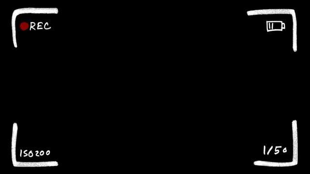 Hand drawn white video camera screen. Frame by frame in 4k resolution. Doodle video camera viewfinders. Video filming screen, shooting camera recording display. Quick camera shutter closure.