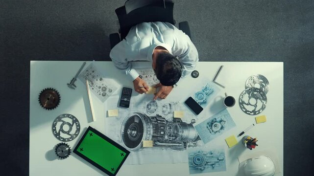 Top down view of skilled engineer writing and planning turbine engine design while sitting at meeting table with gear and electronic generator scatter around. Technician taking a note. Alimentation.