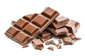 Milk chocolate bar broken and arranged on a white background