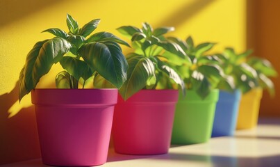 Obraz premium Bright green basil plants growing in colorful pots, neatly arranged on a clean bright surface, sharp leaf details and soft shadows, modern indoor gardening