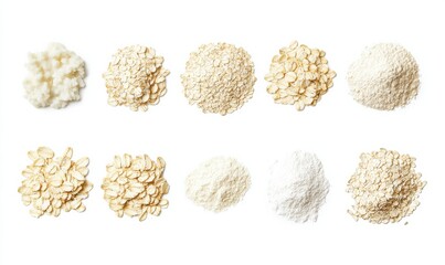 Oat ingredients like dry flakes, flour, whole grains, and non-dairy milk, viewed from above, represent a healthy, organic, and vegetarian dietary option.