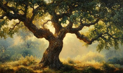 old oak tree foliage in morning light with sunlight