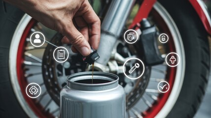 Hand pours dark fluid into a metallic container near motorcycle