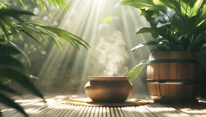 Serene atmosphere with steaming pot and sunlit greenery indoors