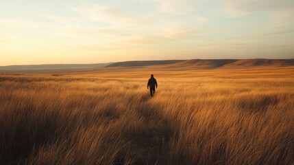 A solitary figure walks through a golden grassland at sunset, silhouetted against the warm, colorful sky, evoking feelings of peace and freedom.