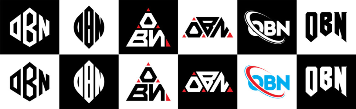 OBN letter logo design in six style. OBN polygon, circle, triangle, hexagon, flat and simple style with black and white color variation letter logo set in one artboard. OBN minimalist and classic logo