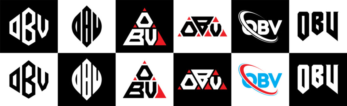 OBV letter logo design in six style. OBV polygon, circle, triangle, hexagon, flat and simple style with black and white color variation letter logo set in one artboard. OBV minimalist and classic logo