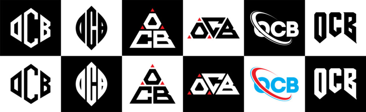 OCB letter logo design in six style. OCB polygon, circle, triangle, hexagon, flat and simple style with black and white color variation letter logo set in one artboard. OCB minimalist and classic logo