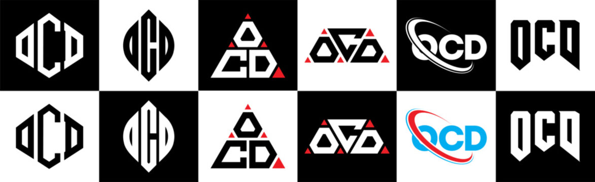 OCD letter logo design in six style. OCD polygon, circle, triangle, hexagon, flat and simple style with black and white color variation letter logo set in one artboard. OCD minimalist and classic logo