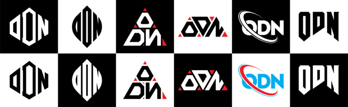 ODN letter logo design in six style. ODN polygon, circle, triangle, hexagon, flat aOD simple style with black aOD white color variation letter logo set in one artboard. ODN minimalist aOD classic logo