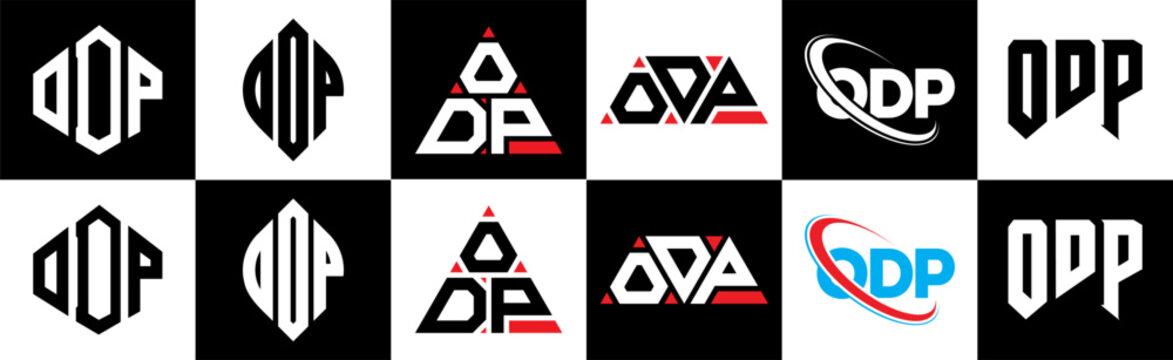 ODP letter logo design in six style. ODP polygon, circle, triangle, hexagon, flat aOD simple style with black aOD white color variation letter logo set in one artboard. ODP minimalist aOD classic logo