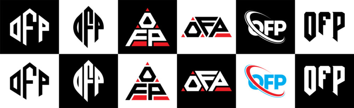 OFP letter logo design in six style. OFP polygon, circle, triangle, hexagon, flat and simple style with black and white color variation letter logo set in one artboard. OFP minimalist and classic logo