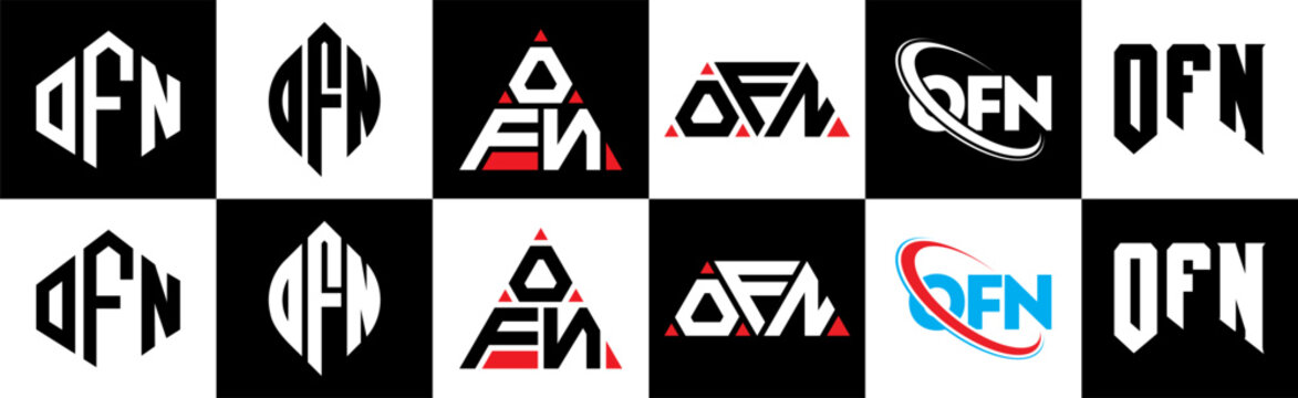 OFN letter logo design in six style. OFN polygon, circle, triangle, hexagon, flat and simple style with black and white color variation letter logo set in one artboard. OFN minimalist and classic logo