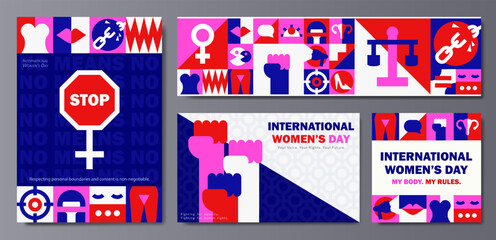 Set of Feminist geometric banners, posters with protest symbols, feminism icons, gender equality signs, Woman rights illustrations. International Women's Day cards in red, black, white and blue