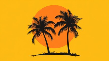 Two silhouetted palm trees against a vibrant yellow backdrop with a large orange sun, creating a warm and tropical atmosphere.