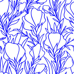simple two-tone seamless pattern of blue large contours of flowers on a white background, texture, design