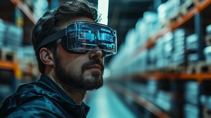 Engaged man using virtual reality headset in a warehouse filled with shelves and products during a digital experience