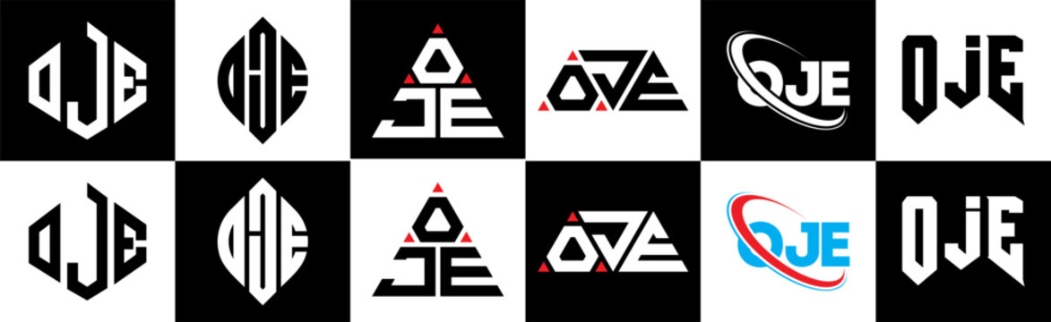 OJE letter logo design in six style. OJE polygon, circle, triangle, hexagon, flat and simple style with black and white color variation letter logo set in one artboard. OJE minimalist and classic logo