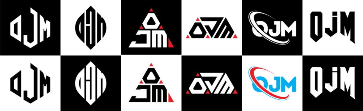 OJM letter logo design in six style. OJM polygon, circle, triangle, hexagon, flat and simple style with black and white color variation letter logo set in one artboard. OJM minimalist and classic logo