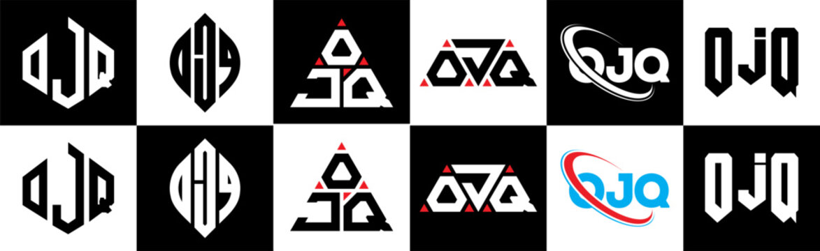 OJQ letter logo design in six style. OJQ polygon, circle, triangle, hexagon, flat and simple style with black and white color variation letter logo set in one artboard. OJQ minimalist and classic logo