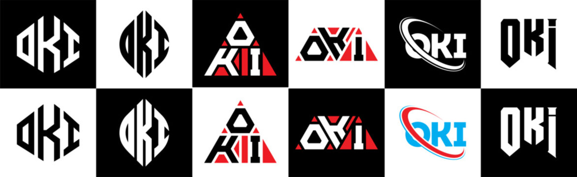 OKI letter logo design in six style. OKI polygon, circle, triangle, hexagon, flat and simple style with black and white color variation letter logo set in one artboard. OKI minimalist and classic logo