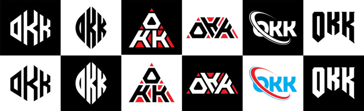 OKK letter logo design in six style. OKK polygon, circle, triangle, hexagon, flat and simple style with black and white color variation letter logo set in one artboard. OKK minimalist and classic logo