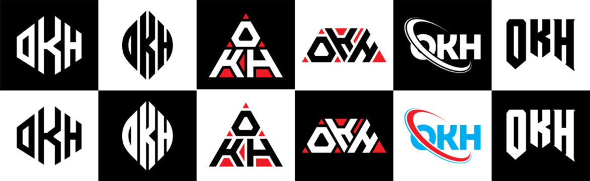 OKH letter logo design in six style. OKH polygon, circle, triangle, hexagon, flat and simple style with black and white color variation letter logo set in one artboard. OKH minimalist and classic logo