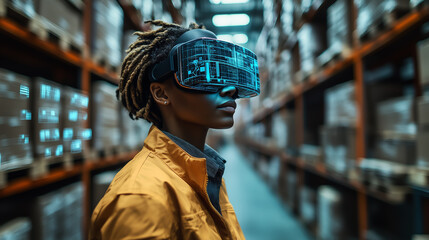 Worker utilizes virtual reality technology to enhance productivity in warehouse setting during afternoon hours
