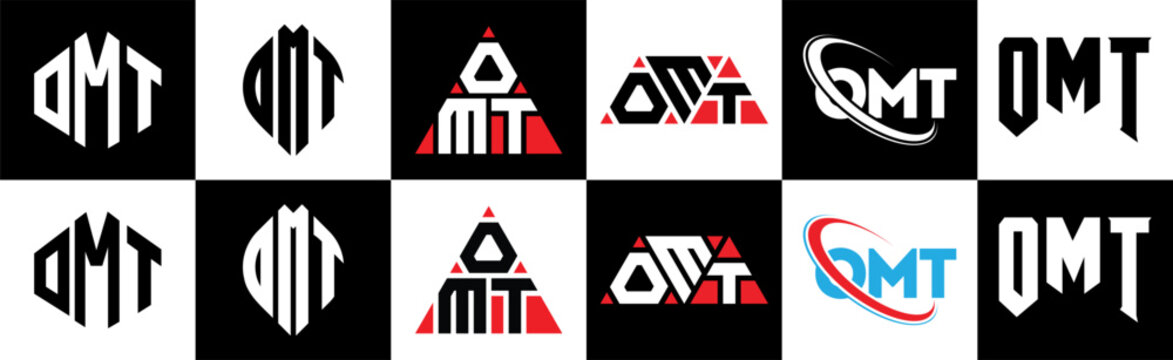 OMT letter logo design in six style. OMT polygon, circle, triangle, hexagon, flat and simple style with black and white color variation letter logo set in one artboard. OMT minimalist and classic logo